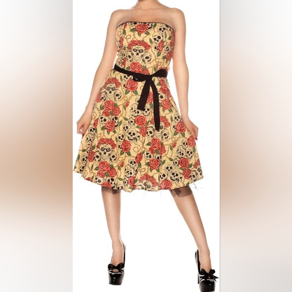 Folter 'Forever Yours' 💀🌹 Skull and Rose Print Strapless Dress - Size S